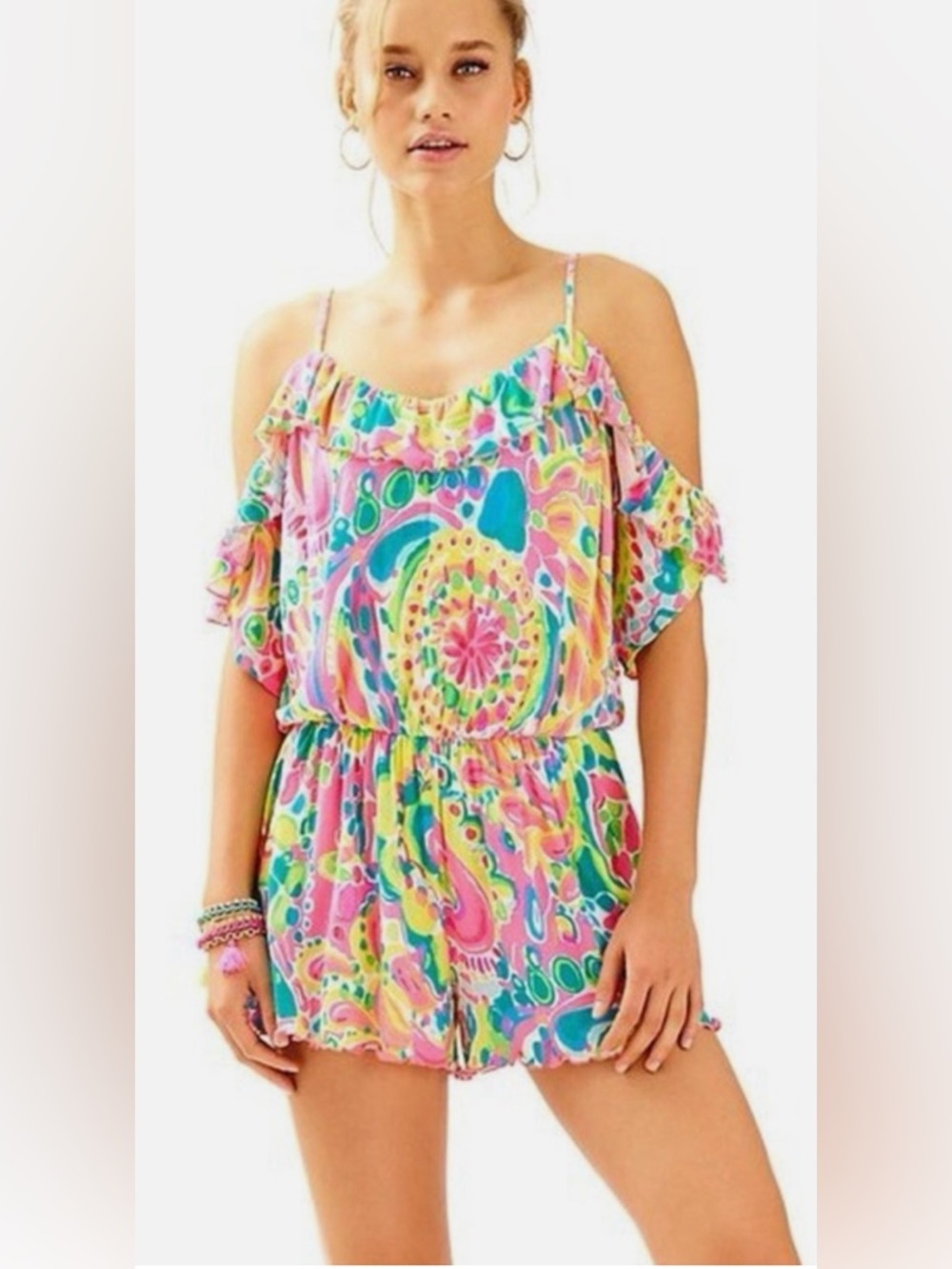 Lilly Pulitzer Fenella Ruffle Cold Shoulder Romper Size Women’s XXS